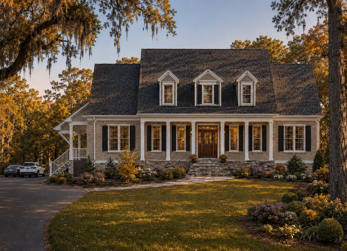 Main Images 3 – 1.5-Story House Plan 3215 ft²: 4 Beds, Home Office, 3.5 Baths, Open Floor Plan, 3-Car Garage — 28129R