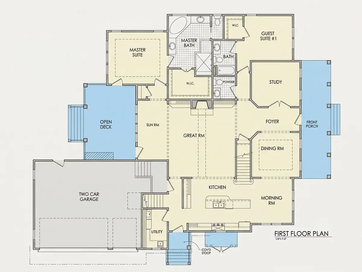 Main Floor 10 – 1.5-Story House Plan 3215 ft²: 4 Beds, Home Office, 3.5 Baths, Open Floor Plan, 3-Car Garage — 28129R