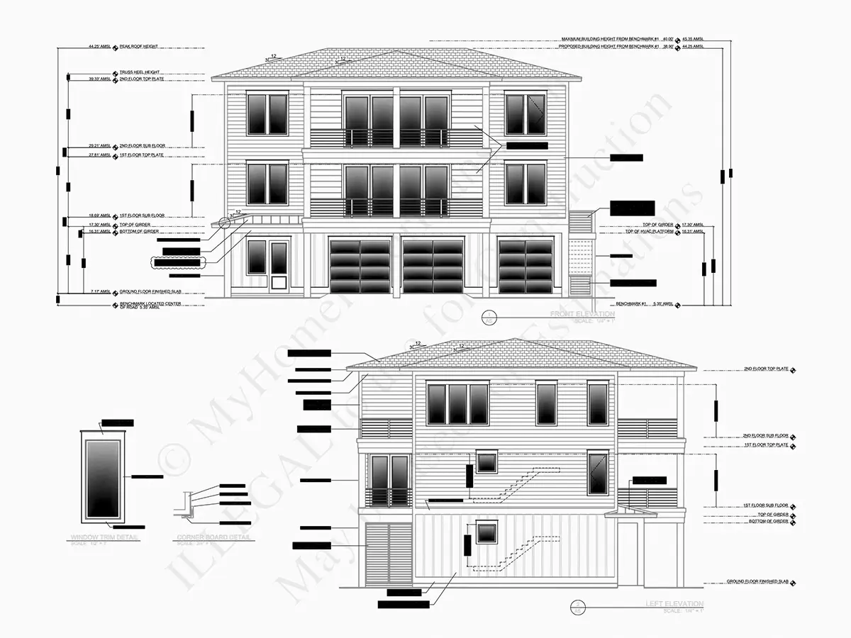 Exterior Elevations 7 – 3-Story House Plan 3464 ft²: 5 Beds, 3.5 Baths, Open Floor Plan, 2-Car Garage — 63179R