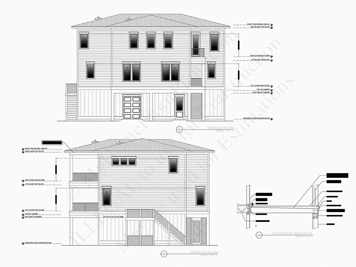 Exterior Elevations 8 – 3-Story House Plan 3464 ft²: 5 Beds, 3.5 Baths, Open Floor Plan, 2-Car Garage — 63179R