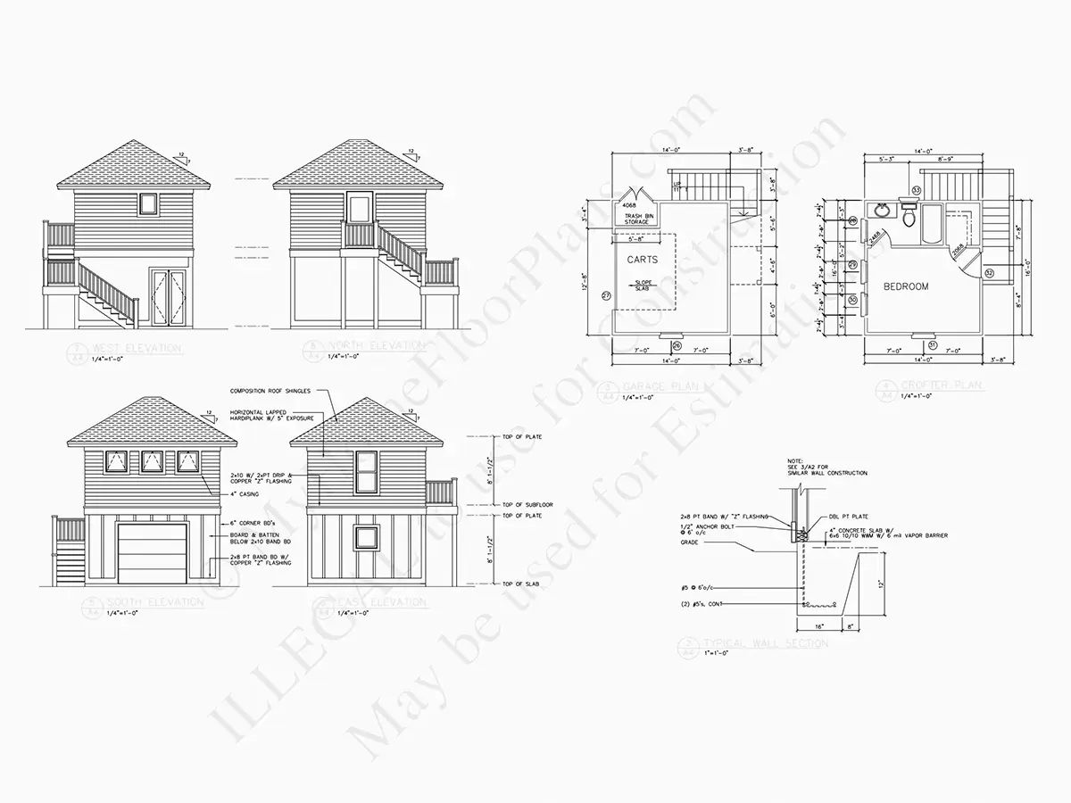 Exterior Elevations 21 – 2-Story House Plan 1706 ft²: 4 Beds, Home Office, 4 Baths, Open Floor Plan, 1-Car Garage — 78159R