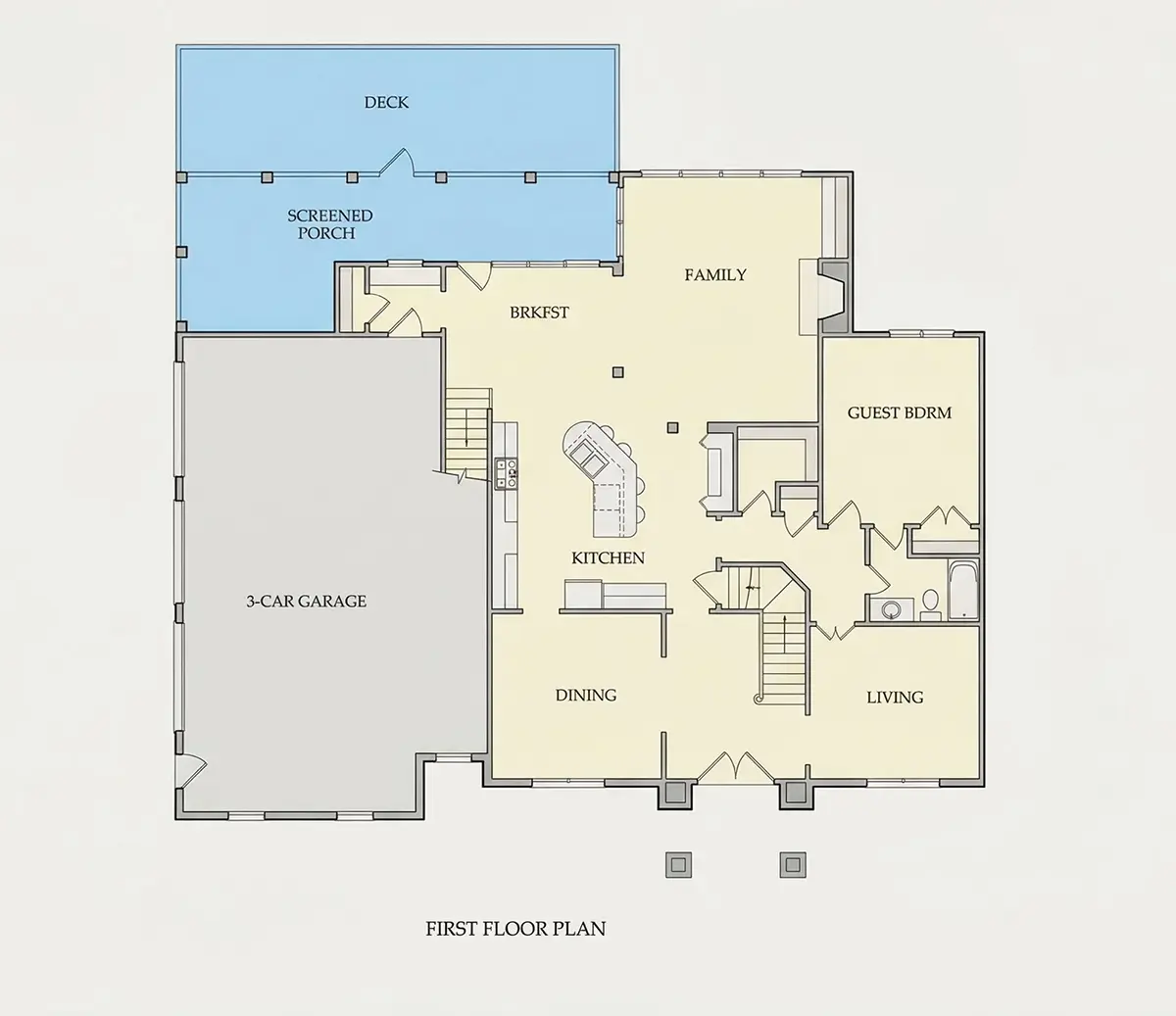 Main Floor 29 – 2-Story House Plan 2519 ft²: 4 Beds, Home Office, 3 Baths, Open Floor Plan, 3-Car Garage — 20216R