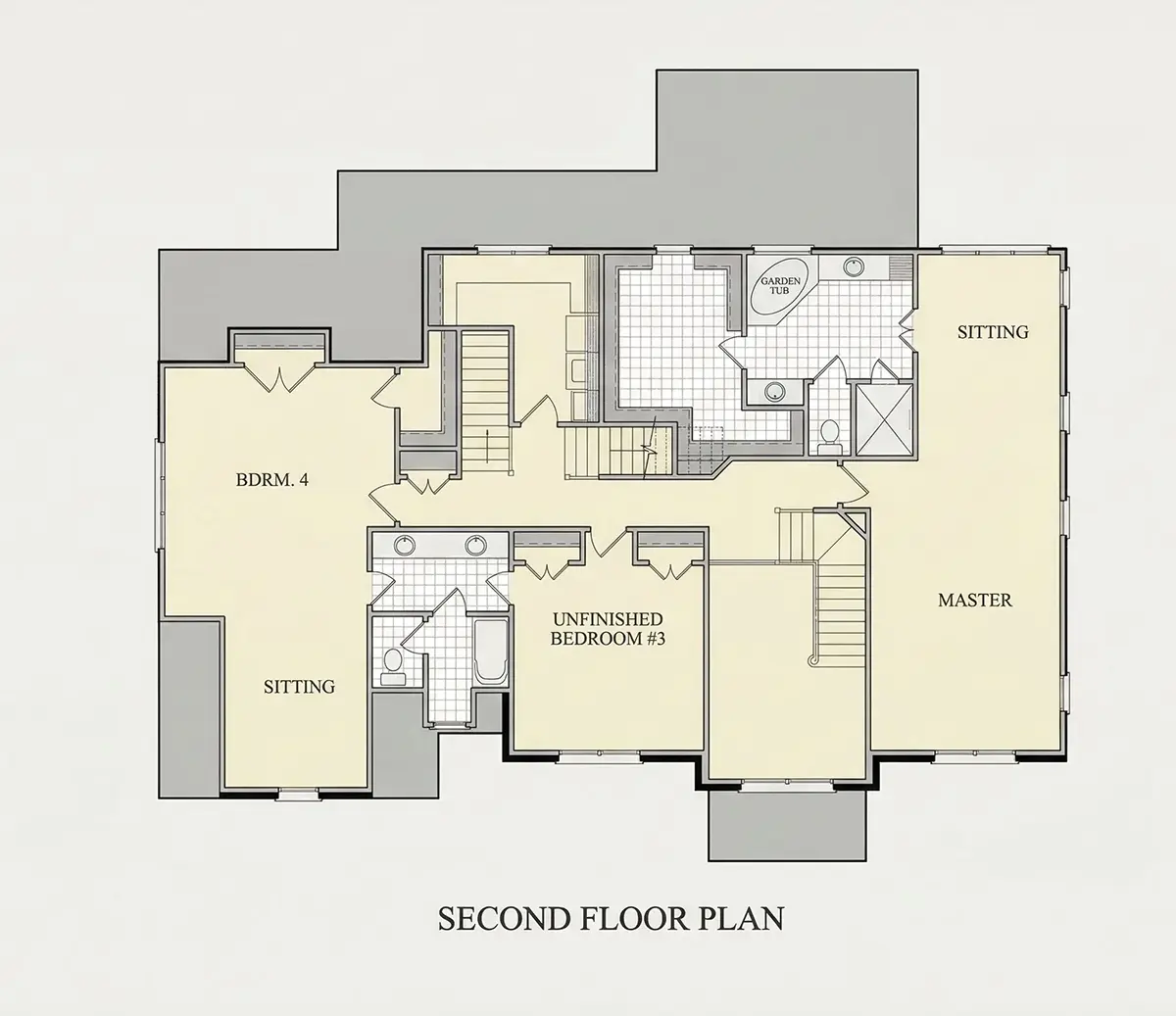 Second Floor 30 – 2-Story House Plan 2519 ft²: 4 Beds, Home Office, 3 Baths, Open Floor Plan, 3-Car Garage — 20216R
