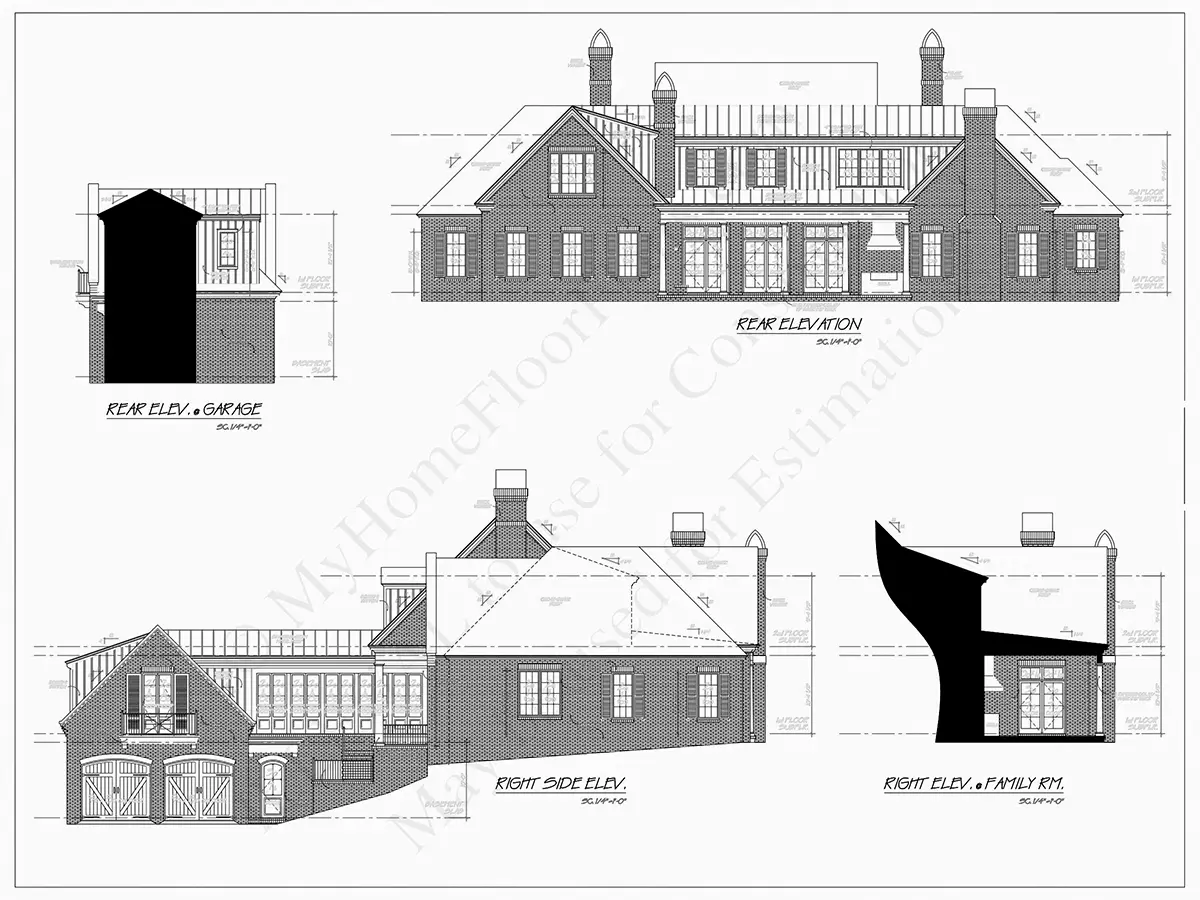 Exterior Elevations 8 – 1.5-Story House Plan with Basement 4907 ft²: 4 Beds, 4.5 Baths, Open Floor Plan, 2-Car Garage — 81789R