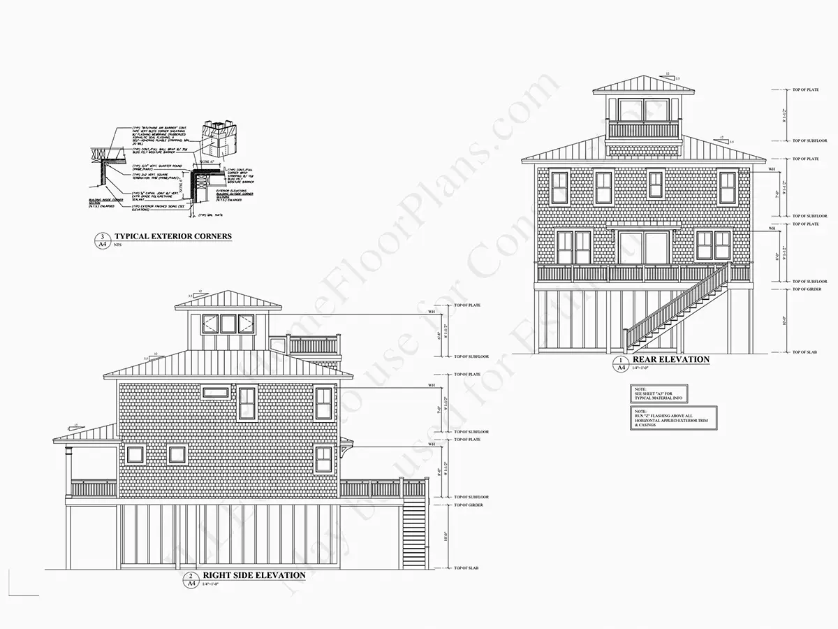 Exterior Elevations 6 – 3-Story House Plan 2722 ft²: 4 Beds, 3.5 Baths, Open Floor Plan, without Garage — 32819R