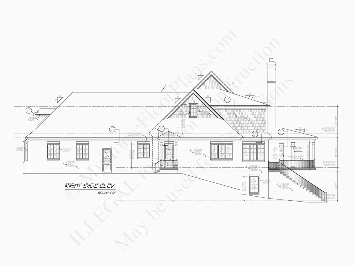 Exterior Elevations 8 – 1.5-Story House Plan with Basement 4547 ft²: 3 Beds, Home Office, 4 Baths, Open Floor Plan, 3-Car Garage — 77707R