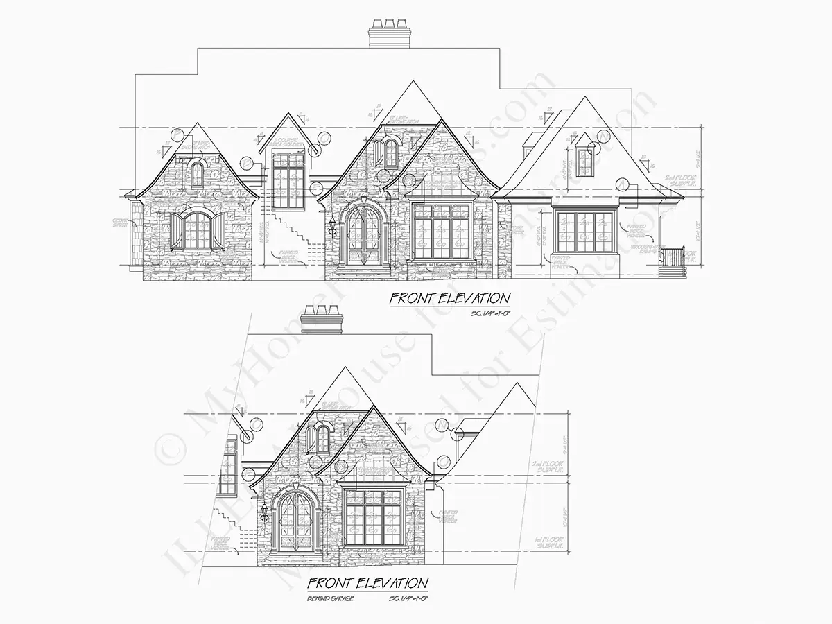 Exterior Elevations 5 – 1.5-Story House Plan with Basement 4547 ft²: 3 Beds, Home Office, 4 Baths, Open Floor Plan, 3-Car Garage — 77707R