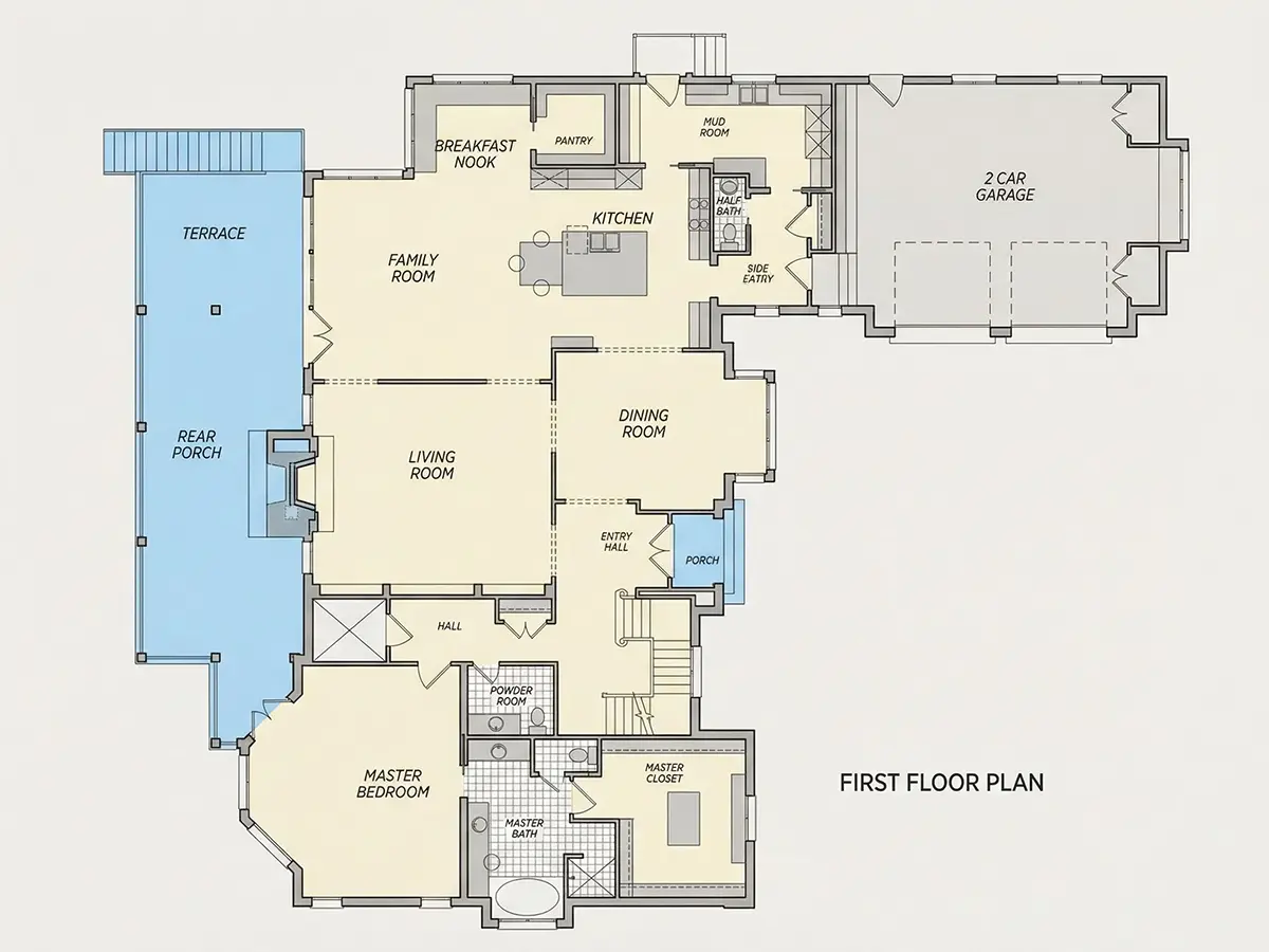 Main Floor 10 – 1.5-Story House Plan with Basement 4547 ft²: 3 Beds, Home Office, 4 Baths, Open Floor Plan, 3-Car Garage — 77707R