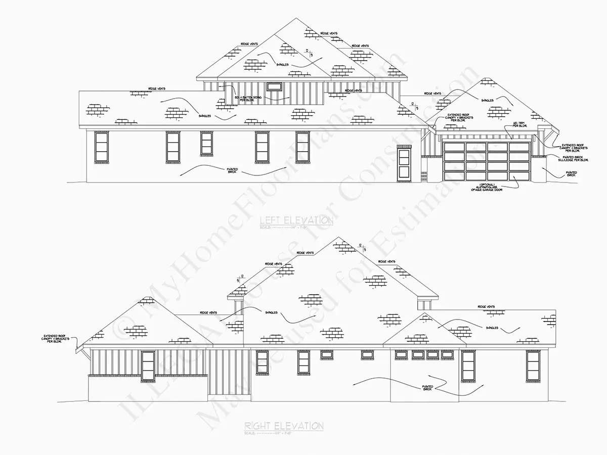 Exterior Elevations 22 – 1.5-Story House Plan 4295 ft²: 5 Beds, Home Office, 5.5 Baths, Open Floor Plan, 3-Car Garage — 33241R