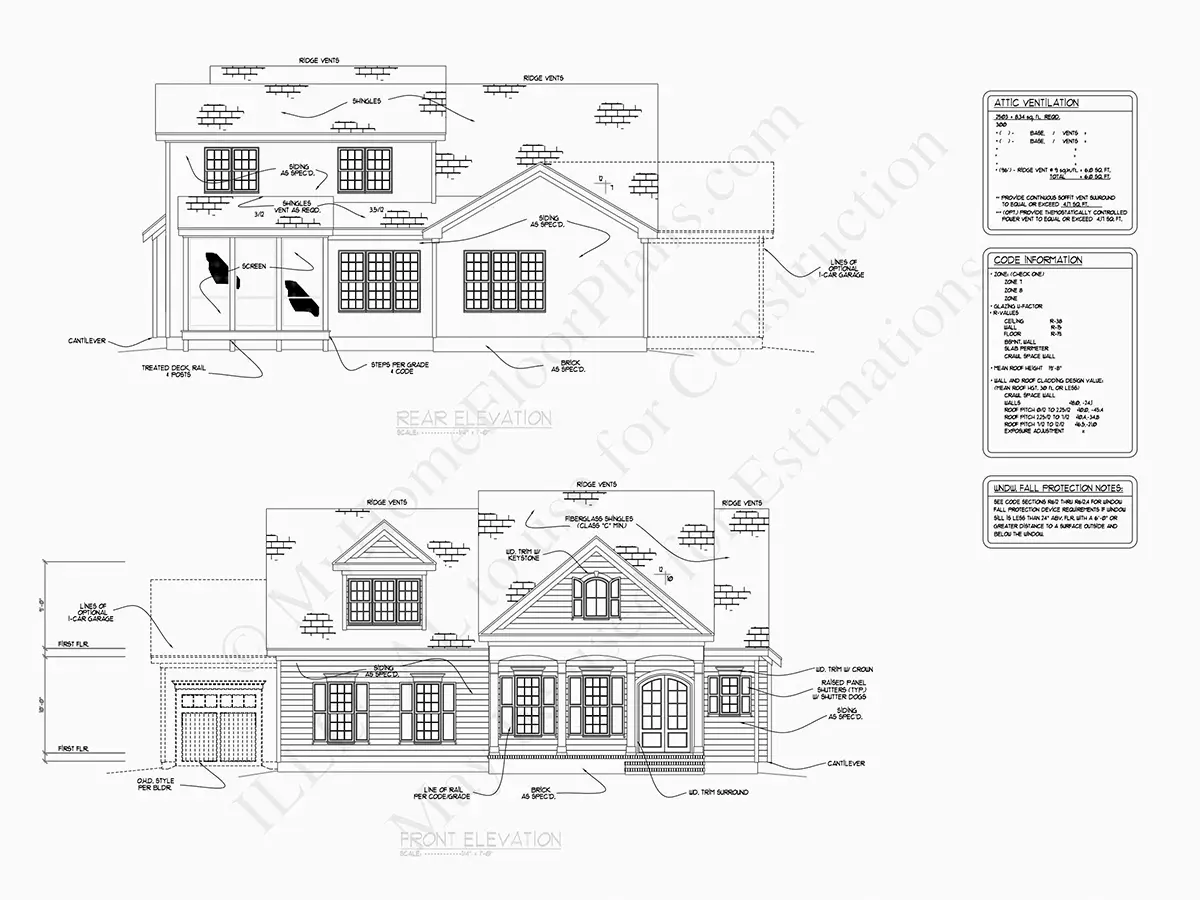 Exterior Elevations 17 – 1.5-Story House Plan 2879 ft²: 4 Beds, 3.5 Baths, Open Floor Plan, 3-Car Garage — 27410R