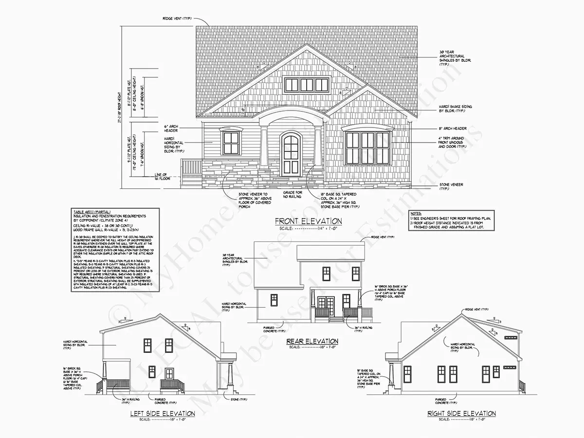Exterior Elevations 5 – 1.5-Story House Plan 1744 ft²: 3 Beds, 2.5 Baths, Open Floor Plan, without Garage — 92980R
