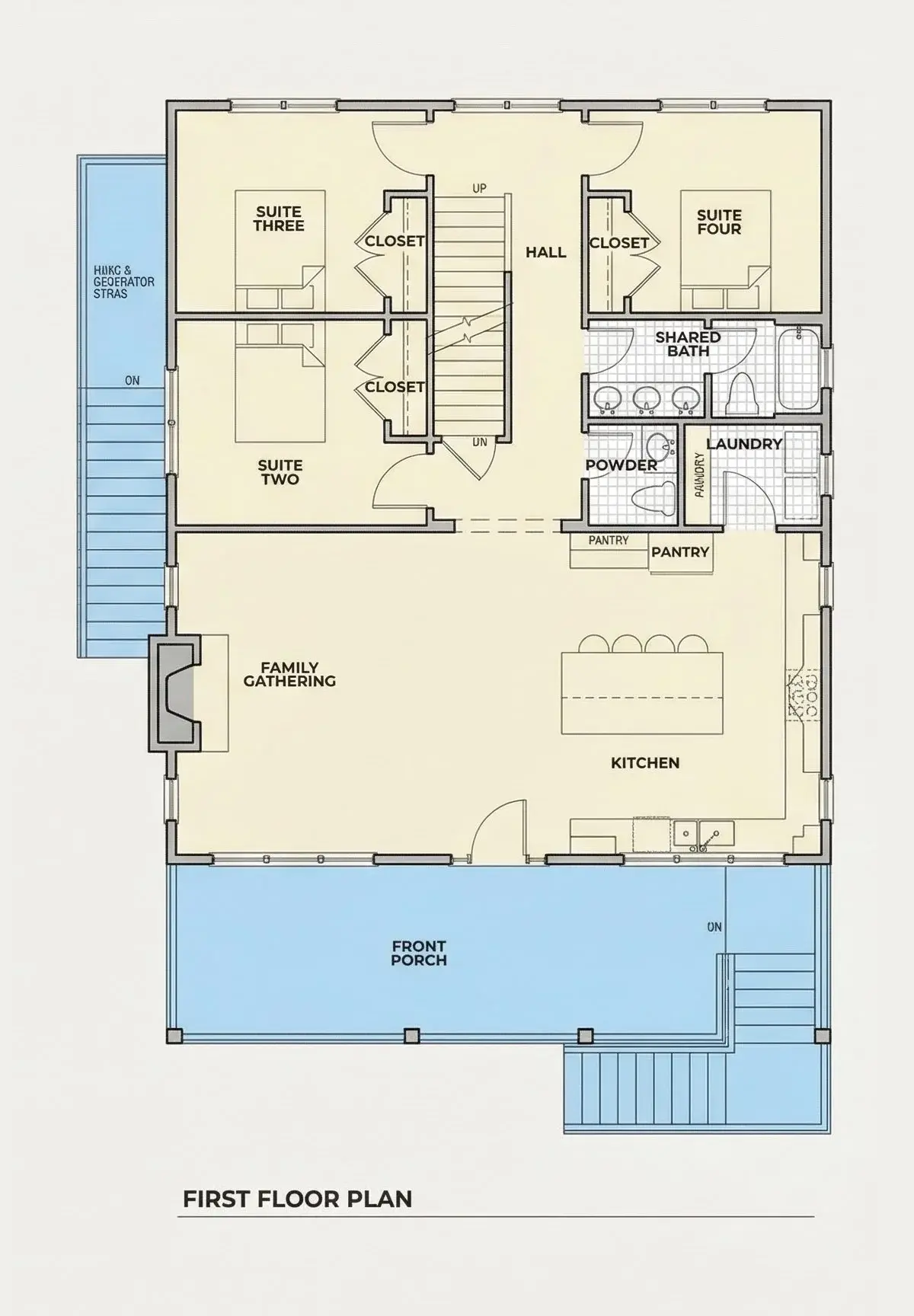 Main Floor 11 – 3-Story House Plan 1300 ft²: 4 Beds, Home Office, 2.5 Baths, Open Floor Plan, 1-Car Garage — 94231R