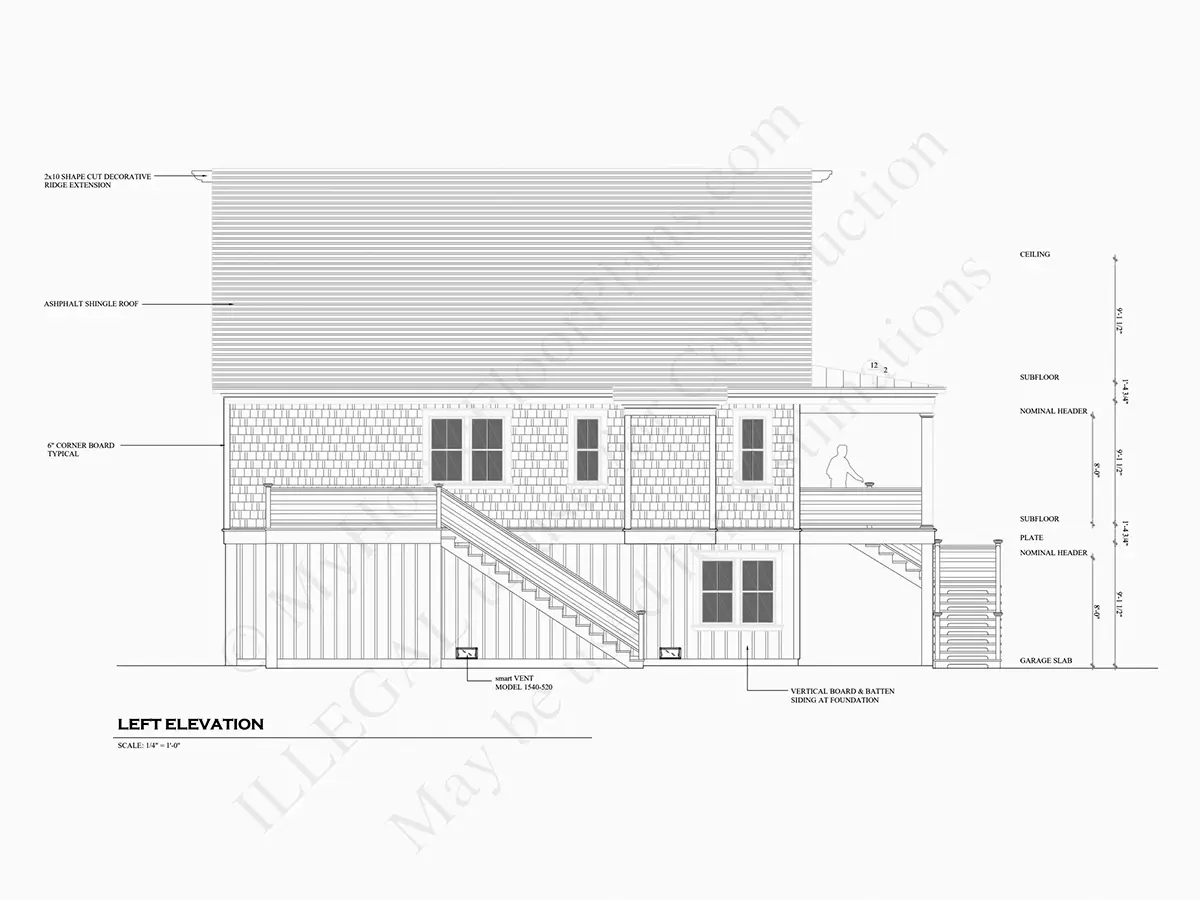 Exterior Elevations 8 – 3-Story House Plan 1300 ft²: 4 Beds, Home Office, 2.5 Baths, Open Floor Plan, 1-Car Garage — 94231R