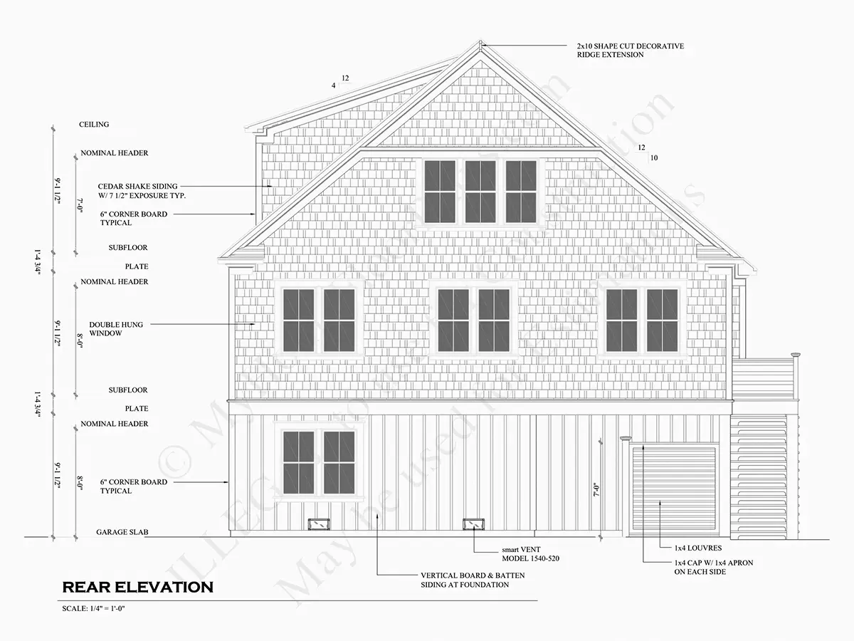 Exterior Elevations 7 – 3-Story House Plan 1300 ft²: 4 Beds, Home Office, 2.5 Baths, Open Floor Plan, 1-Car Garage — 94231R