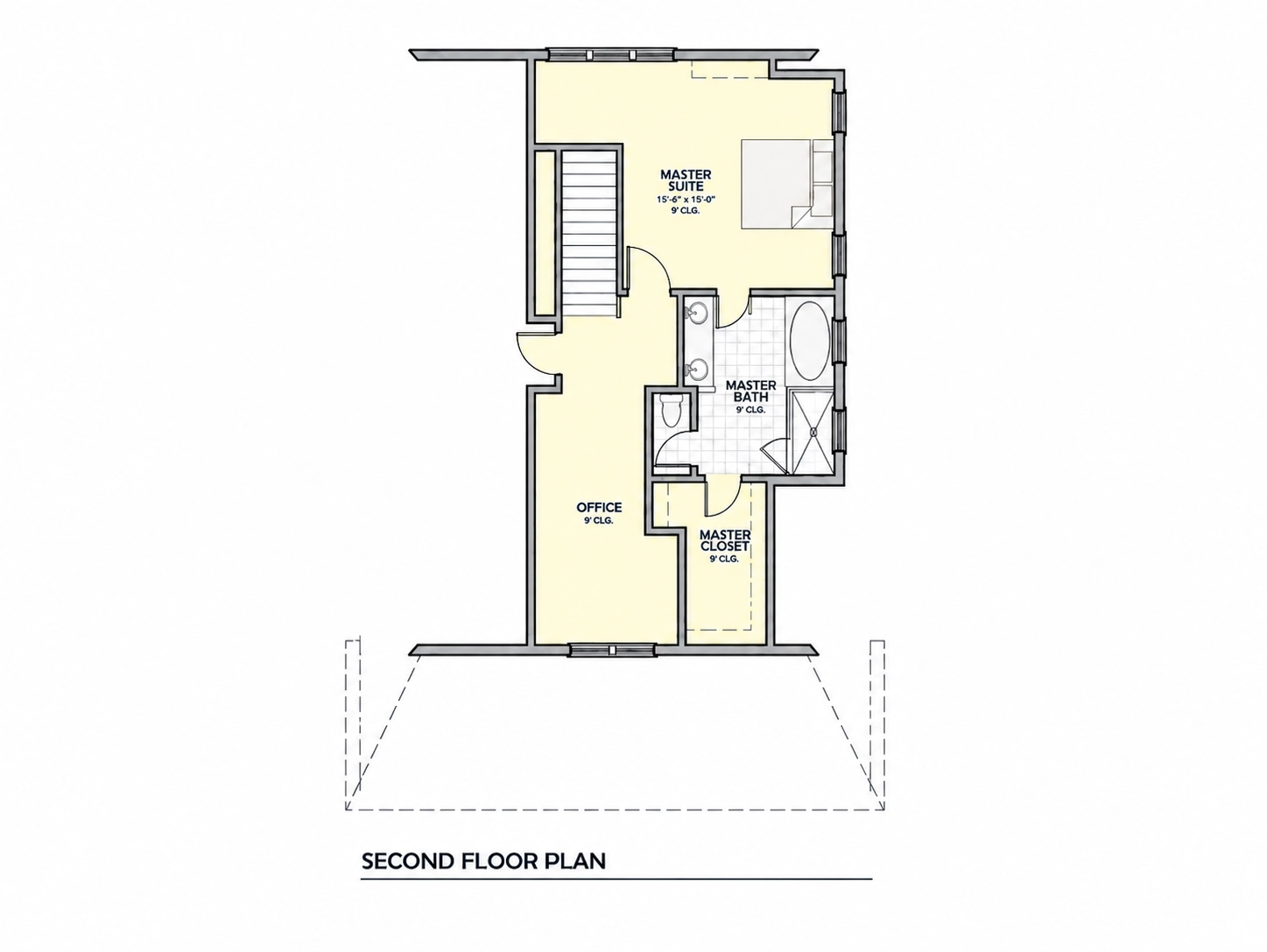 Second Floor 12 – 3-Story House Plan 1300 ft²: 4 Beds, Home Office, 2.5 Baths, Open Floor Plan, 1-Car Garage — 94231R