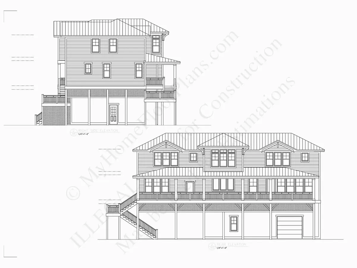 Exterior Elevations 7 – 3-Story House Plan 3670 ft²: 5 Beds, 5.5 Baths, Open Floor Plan, 1-Car Garage — 96890R