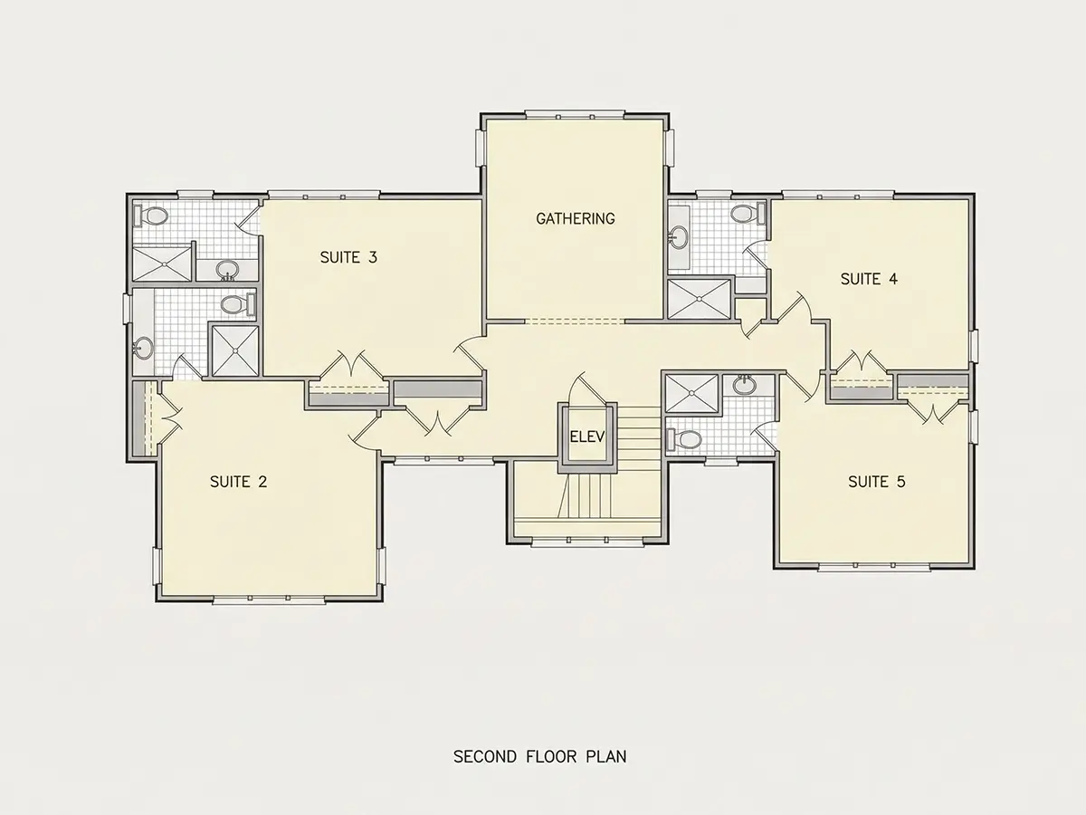 Second Floor 10 – 3-Story House Plan 3670 ft²: 5 Beds, 5.5 Baths, Open Floor Plan, 1-Car Garage — 96890R