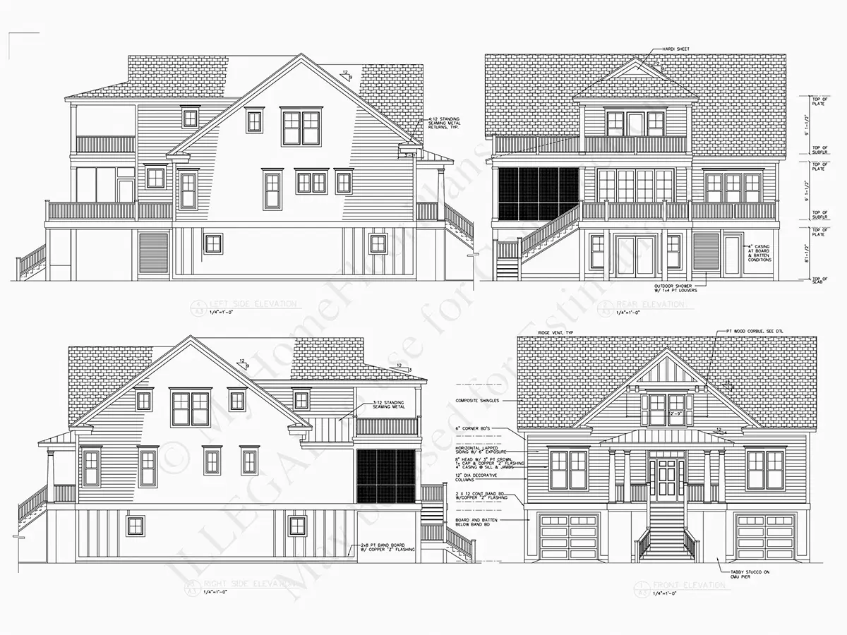 Exterior Elevations 13 – 3-Story House Plan 3291 ft²: 4 Beds, Home Office, 4.5 Baths, Open Floor Plan, 4-Car Garage — 47749R