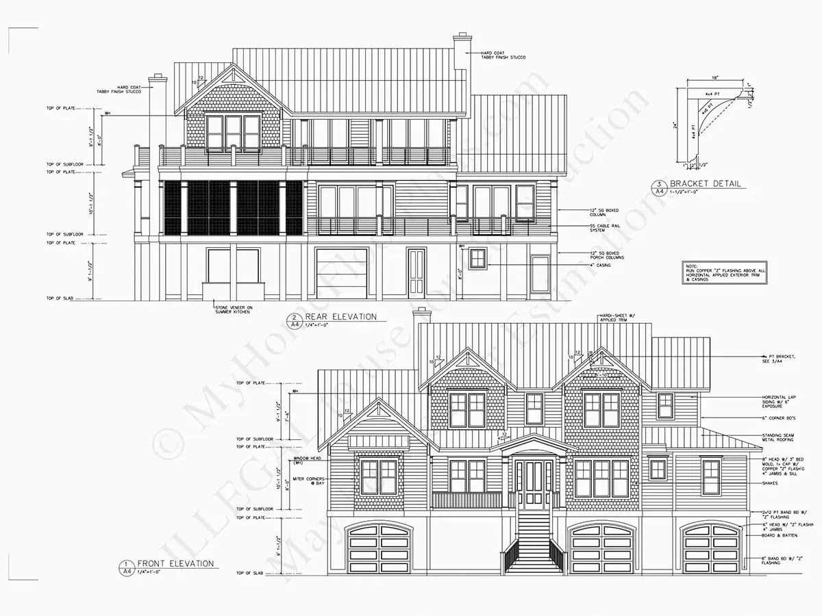 Exterior Elevations 7 – 3-Story House Plan 4222 ft²: 4 Beds, Home Office, 5.5 Baths, Open Floor Plan, 4-Car Garage — 81508R