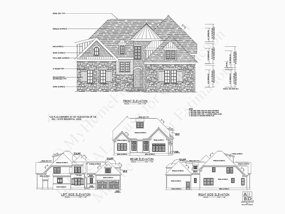Exterior Elevations 21 – 2-Story House Plan 4300 ft²: 4 Beds, Home Office, 4 Baths, Open Floor Plan, 2-Car Garage — 88919R