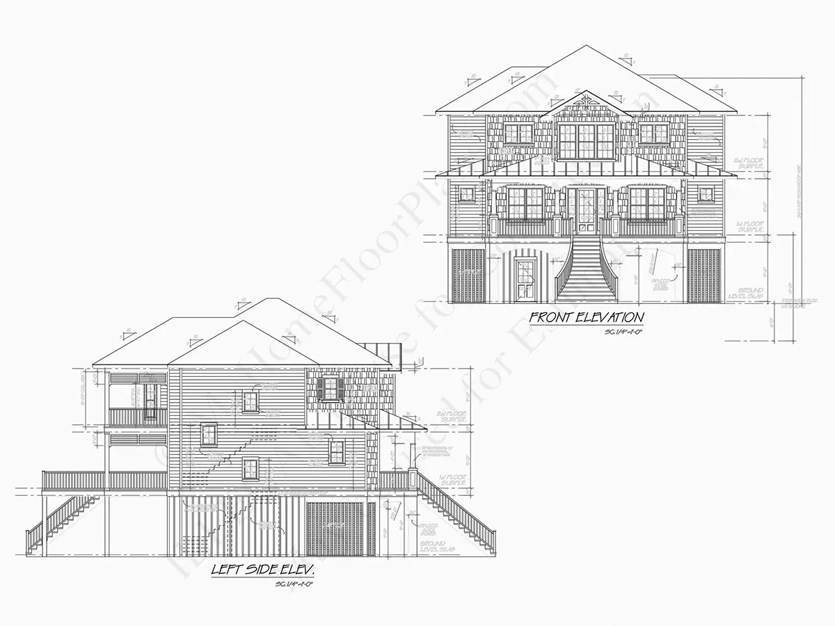 Exterior Elevations 6 – 3-Story House Plan 2877 ft²: 3 Beds, Home Office, 5 Baths, Open Floor Plan, 4-Car Garage — 73259R