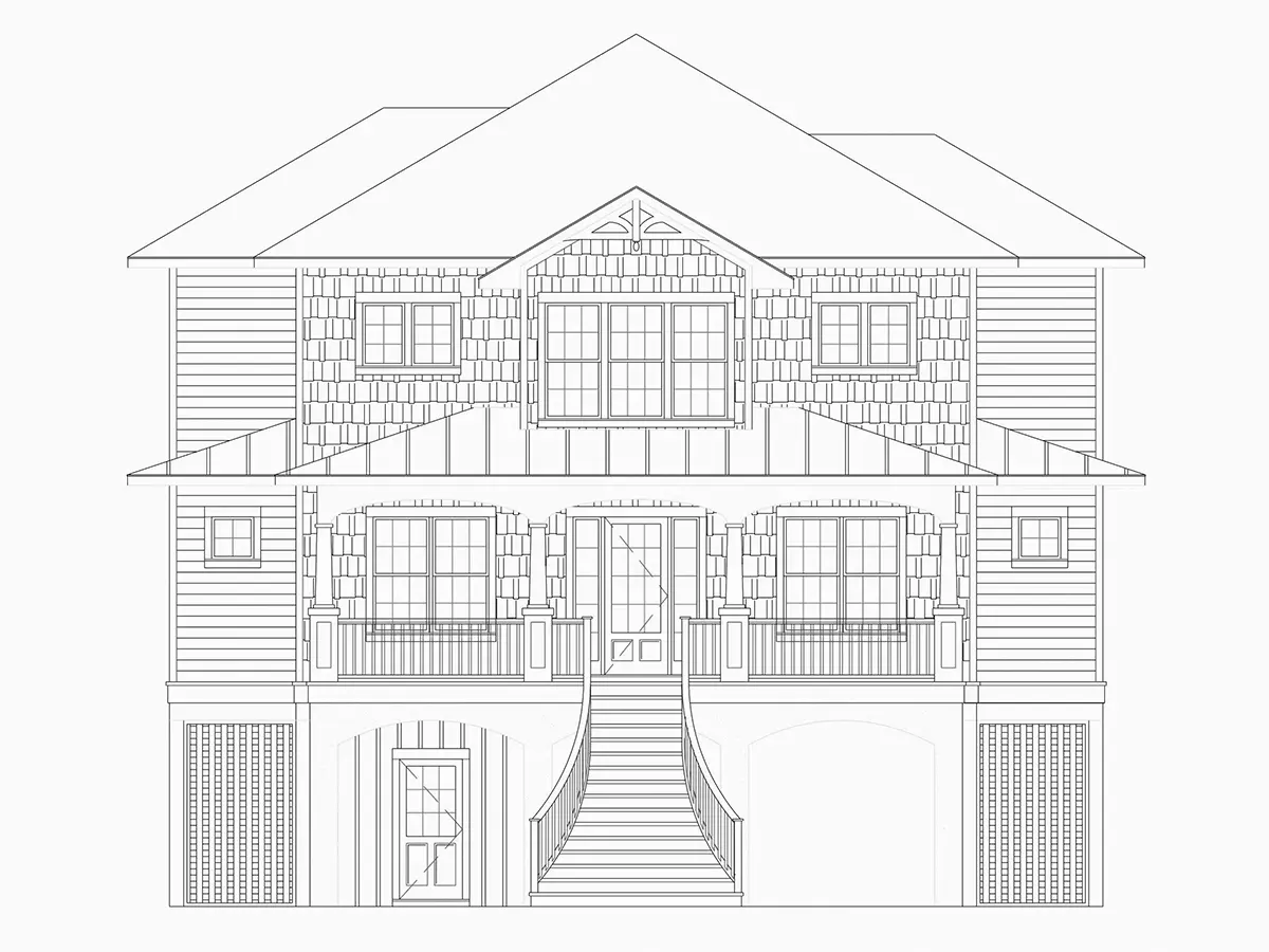 Exterior Elevations 5 – 3-Story House Plan 2877 ft²: 3 Beds, Home Office, 5 Baths, Open Floor Plan, 4-Car Garage — 73259R
