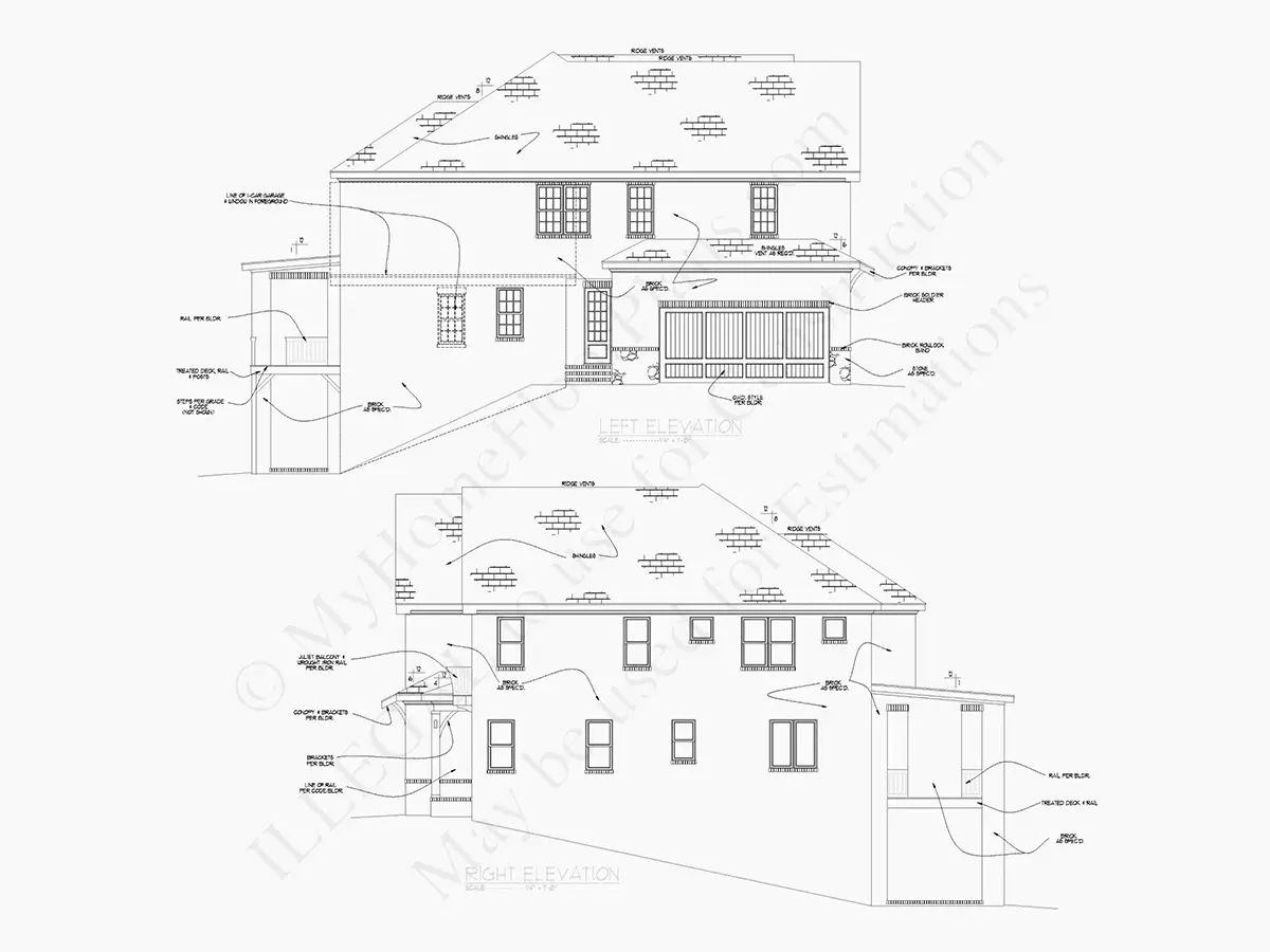 Exterior Elevations 9 – 2-Story House Plan with Basement 6952 ft²: 6 Beds, Home Office, 6 Baths, Open Floor Plan, 3-Car Garage — 35577R