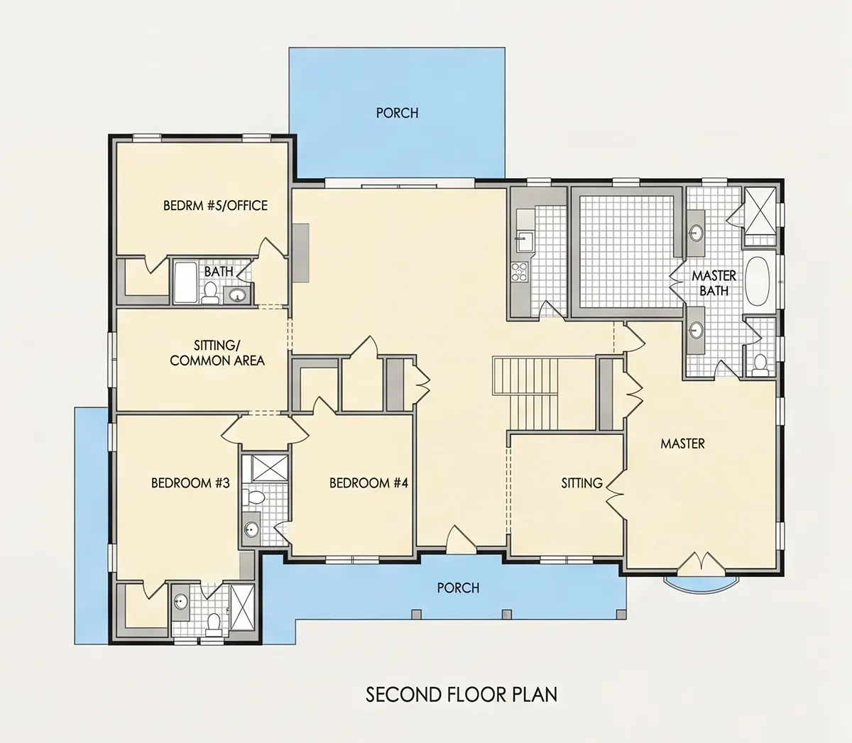 Second Floor 12 – 2-Story House Plan with Basement 6952 ft²: 6 Beds, Home Office, 6 Baths, Open Floor Plan, 3-Car Garage — 35577R