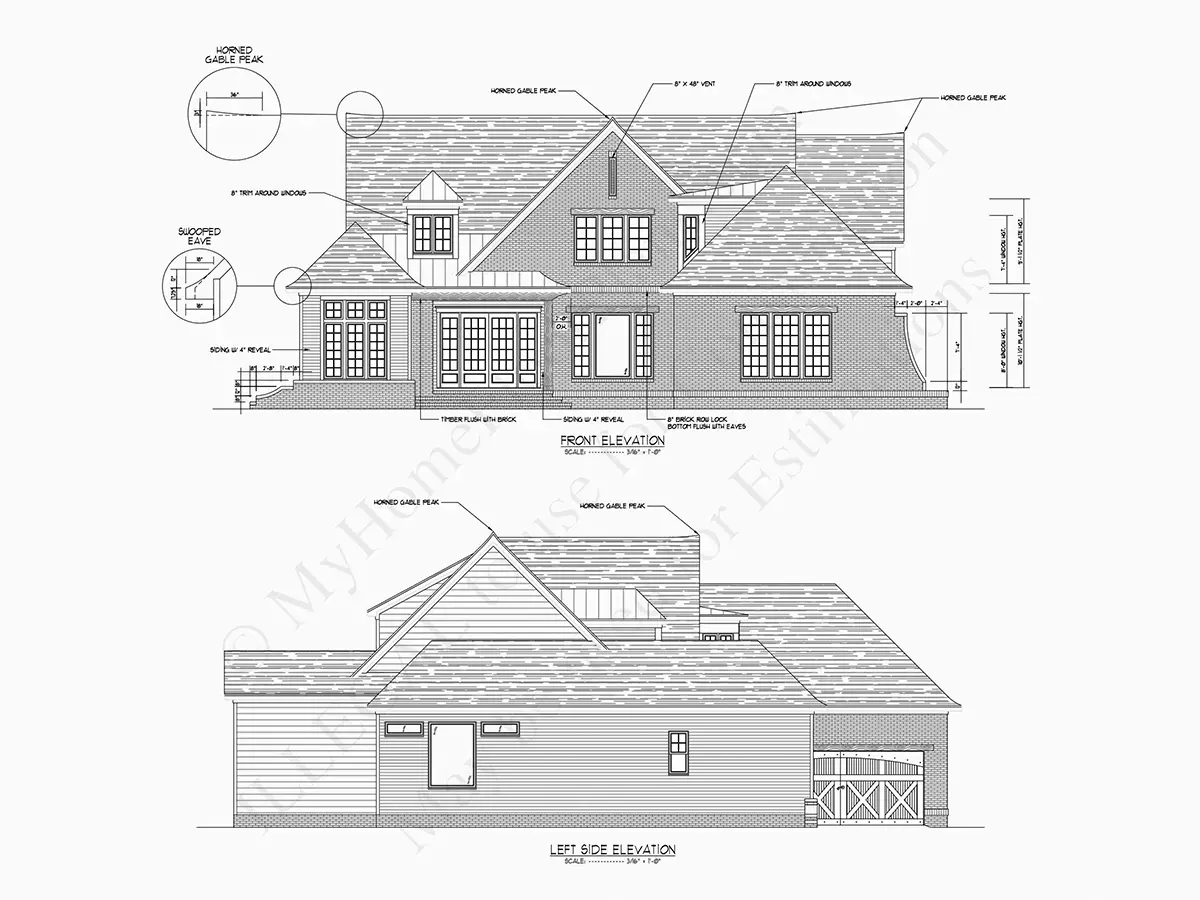 Exterior Elevations 19 – 1.5-Story House Plan 4282 ft²: 4 Beds, Home Office, 4.5 Baths, Open Floor Plan, 2-Car Garage — 43606R