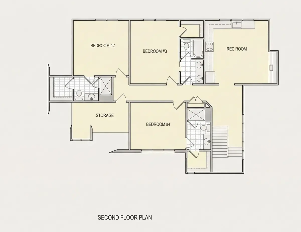 Second Floor 22 – 1.5-Story House Plan 4282 ft²: 4 Beds, Home Office, 4.5 Baths, Open Floor Plan, 2-Car Garage — 43606R