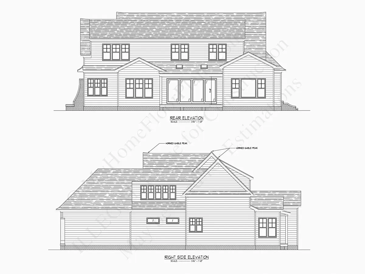 Exterior Elevations 20 – 1.5-Story House Plan 4282 ft²: 4 Beds, Home Office, 4.5 Baths, Open Floor Plan, 2-Car Garage — 43606R