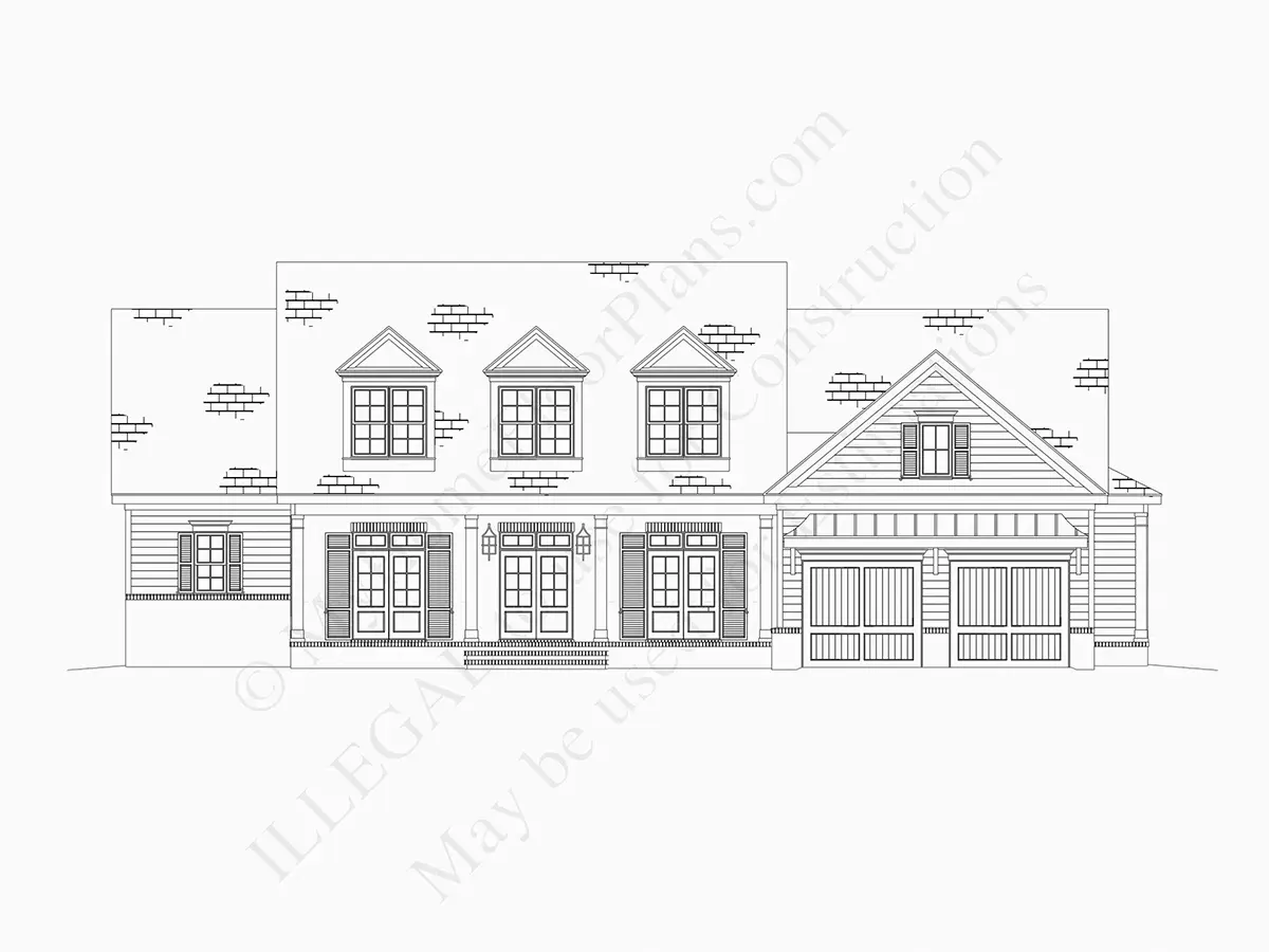 Exterior Elevations 7 – 1.5-Story House Plan 3539 ft²: 4 Beds, Home Office, 4.5 Baths, Open Floor Plan, 2-Car Garage — 45616R