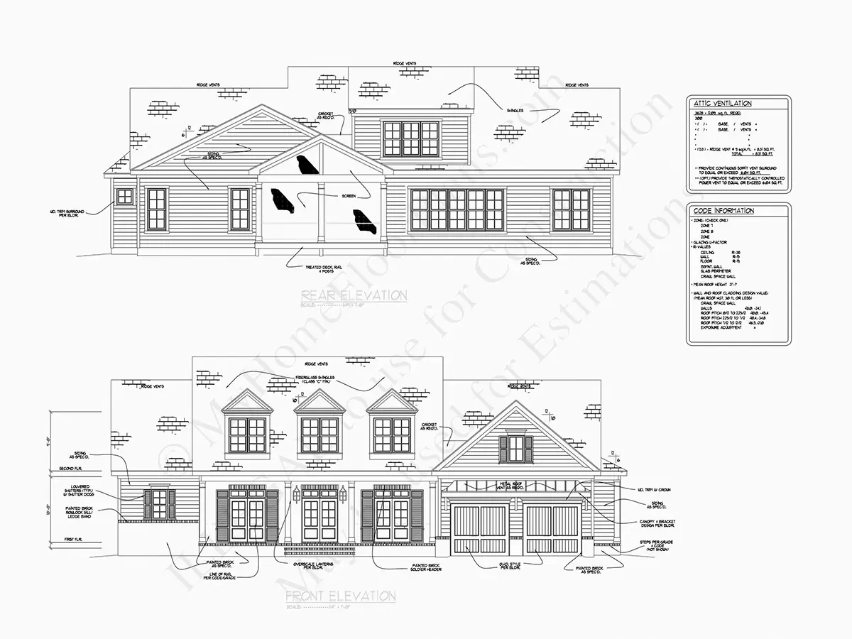 Exterior Elevations 8 – 1.5-Story House Plan 3539 ft²: 4 Beds, Home Office, 4.5 Baths, Open Floor Plan, 2-Car Garage — 45616R