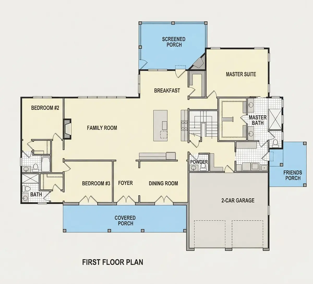 Main Floor 10 – 1.5-Story House Plan 3539 ft²: 4 Beds, Home Office, 4.5 Baths, Open Floor Plan, 2-Car Garage — 45616R