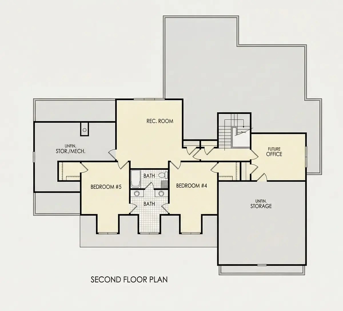 Second Floor 11 – 1.5-Story House Plan 3539 ft²: 4 Beds, Home Office, 4.5 Baths, Open Floor Plan, 2-Car Garage — 45616R