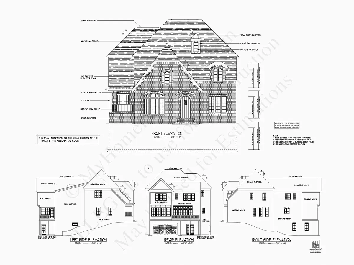 Exterior Elevations 17 – 2-Story House Plan with Basement 5705 ft²: 5 Beds, 5.5 Baths, Open Floor Plan, 2-Car Garage — 26217R