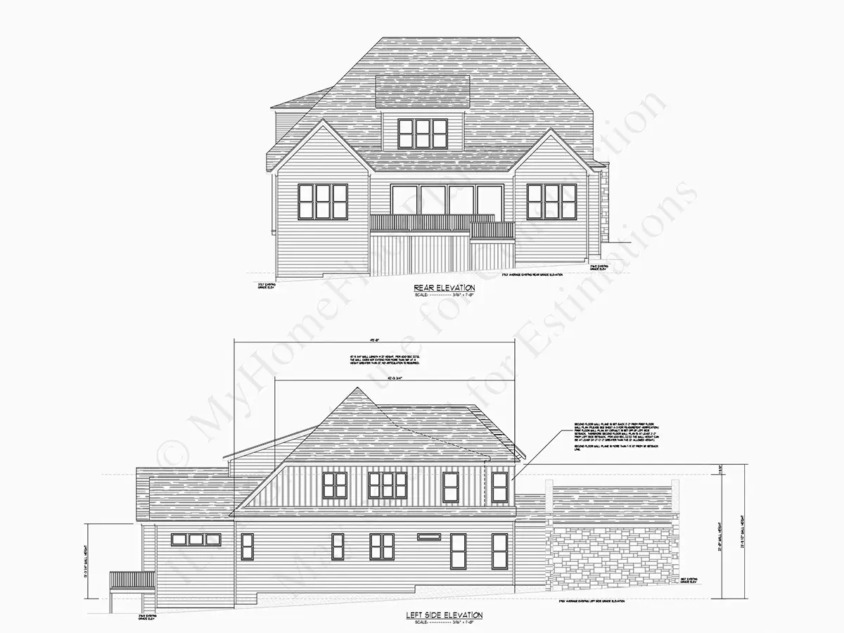 Exterior Elevations 20 – 2-Story House Plan 5152 ft²: 5 Beds, Home Office, 5.5 Baths, Open Floor Plan, 2-Car Garage — 63139R