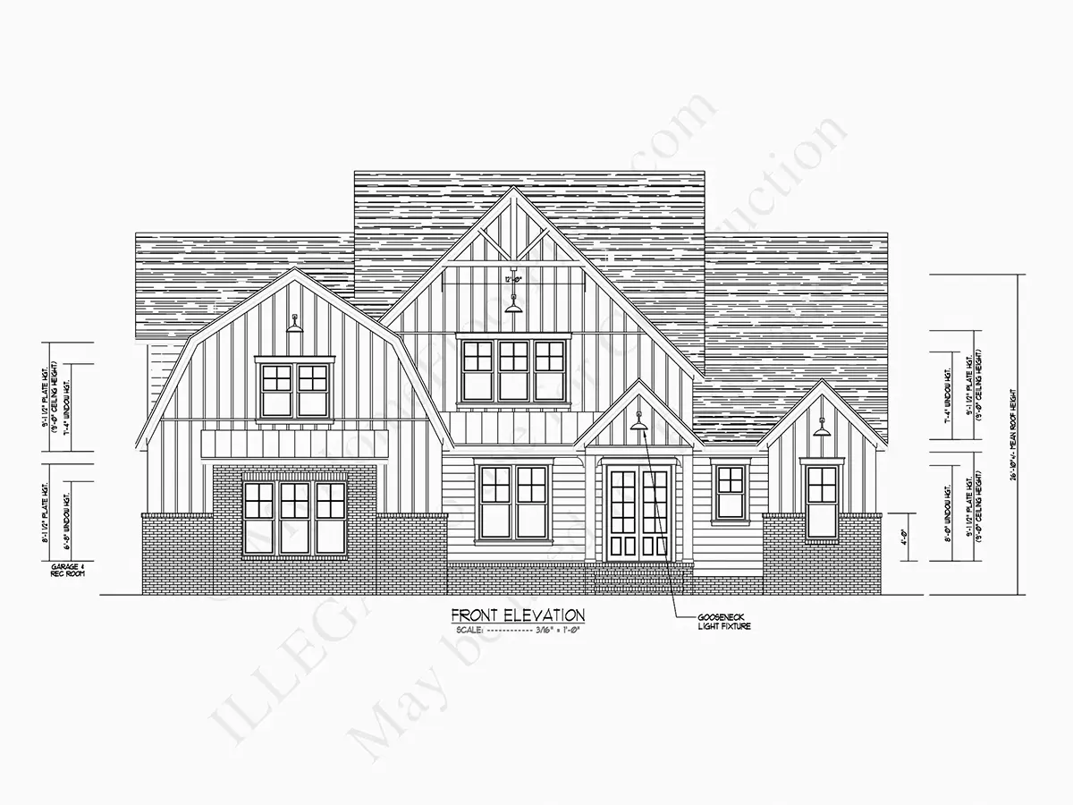 Exterior Elevations 20 – 1.5-Story House Plan 3912 ft²: 5 Beds, 4.5 Baths, Open Floor Plan, 3-Car Garage — 64220R