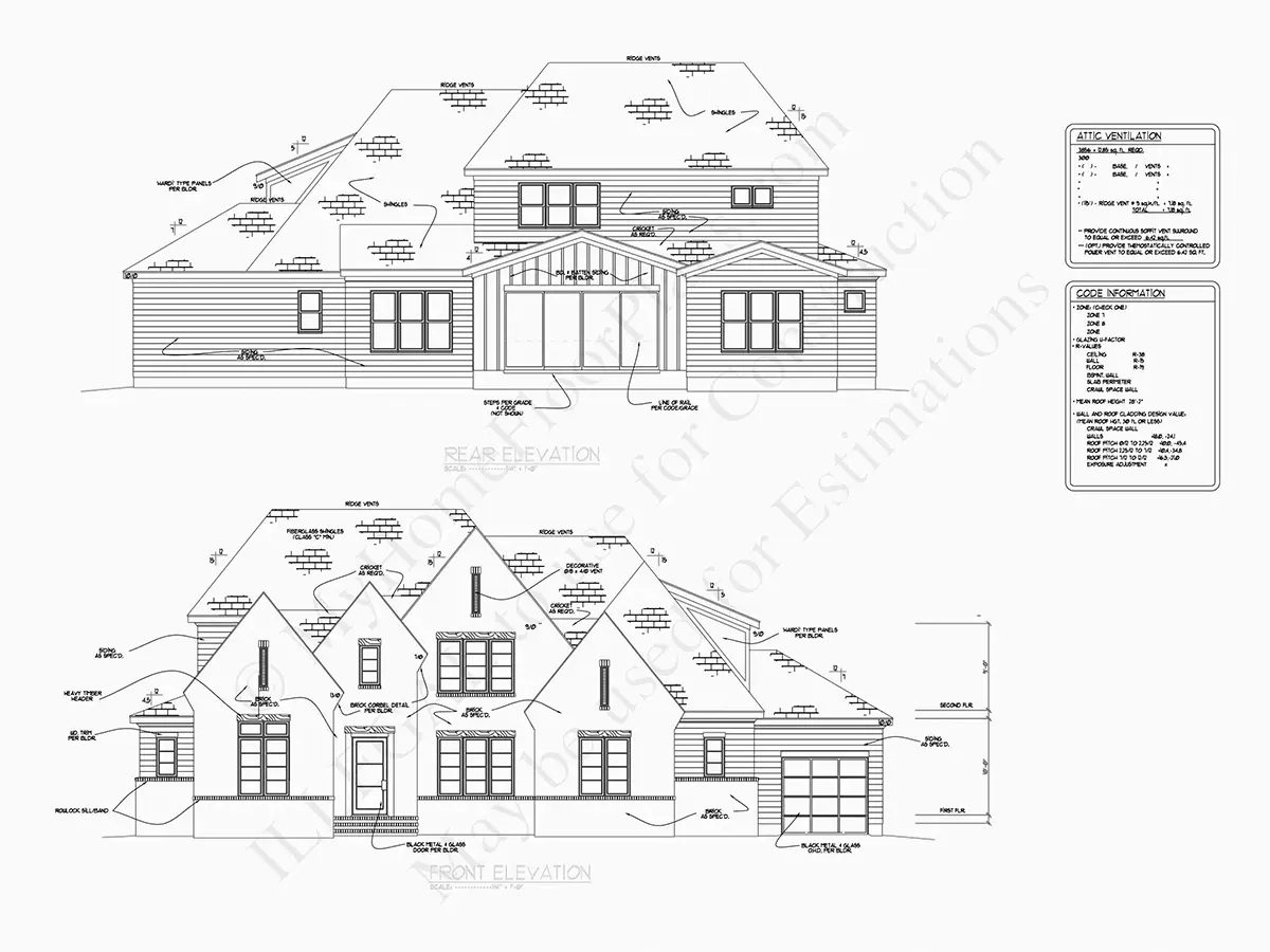 Exterior Elevations 10 – 2-Story House Plan 4037 ft²: 4 Beds, Home Office, 5 Baths, Open Floor Plan, 3-Car Garage — 32038R