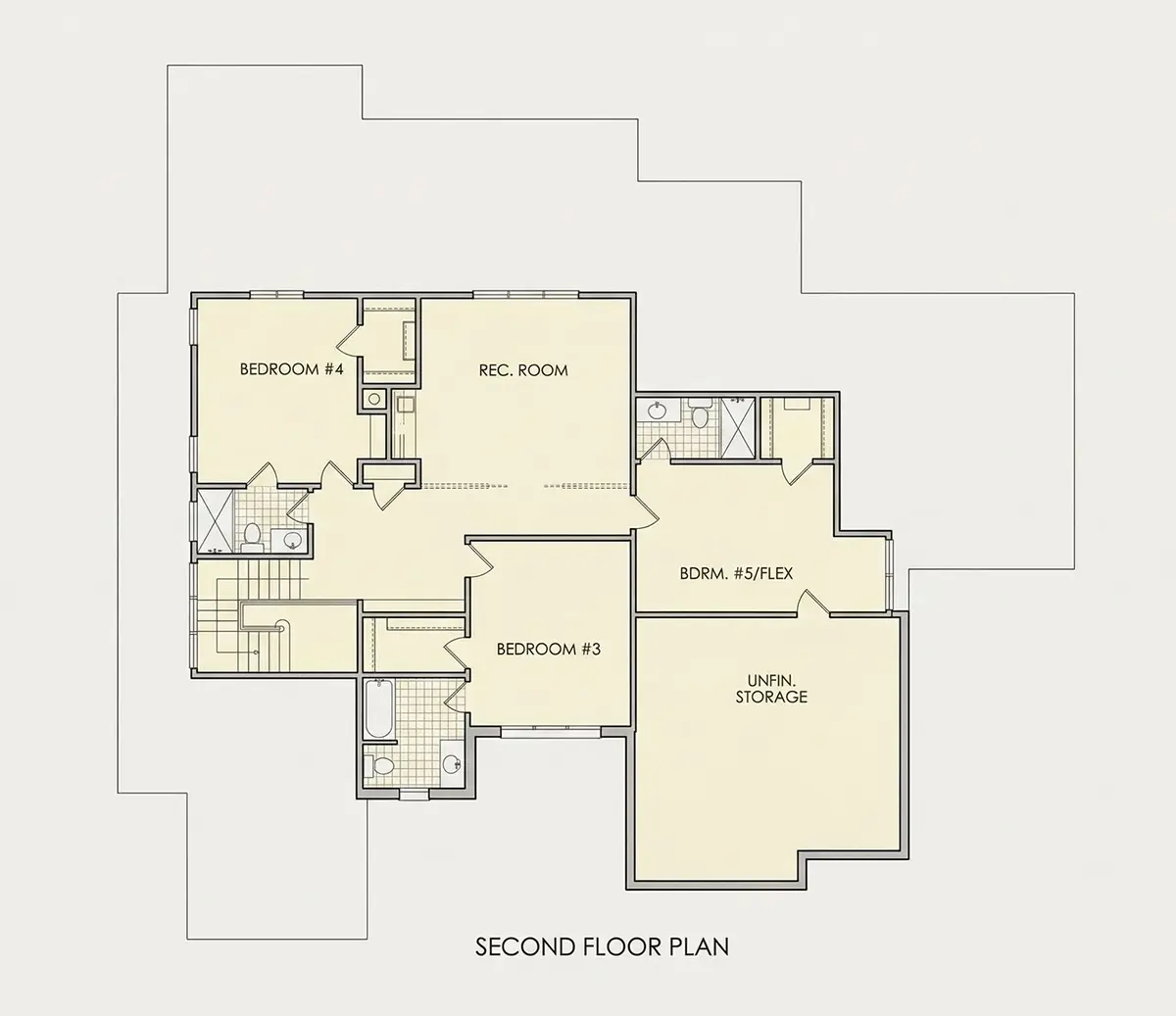 Second Floor 13 – 2-Story House Plan 4037 ft²: 4 Beds, Home Office, 5 Baths, Open Floor Plan, 3-Car Garage — 32038R