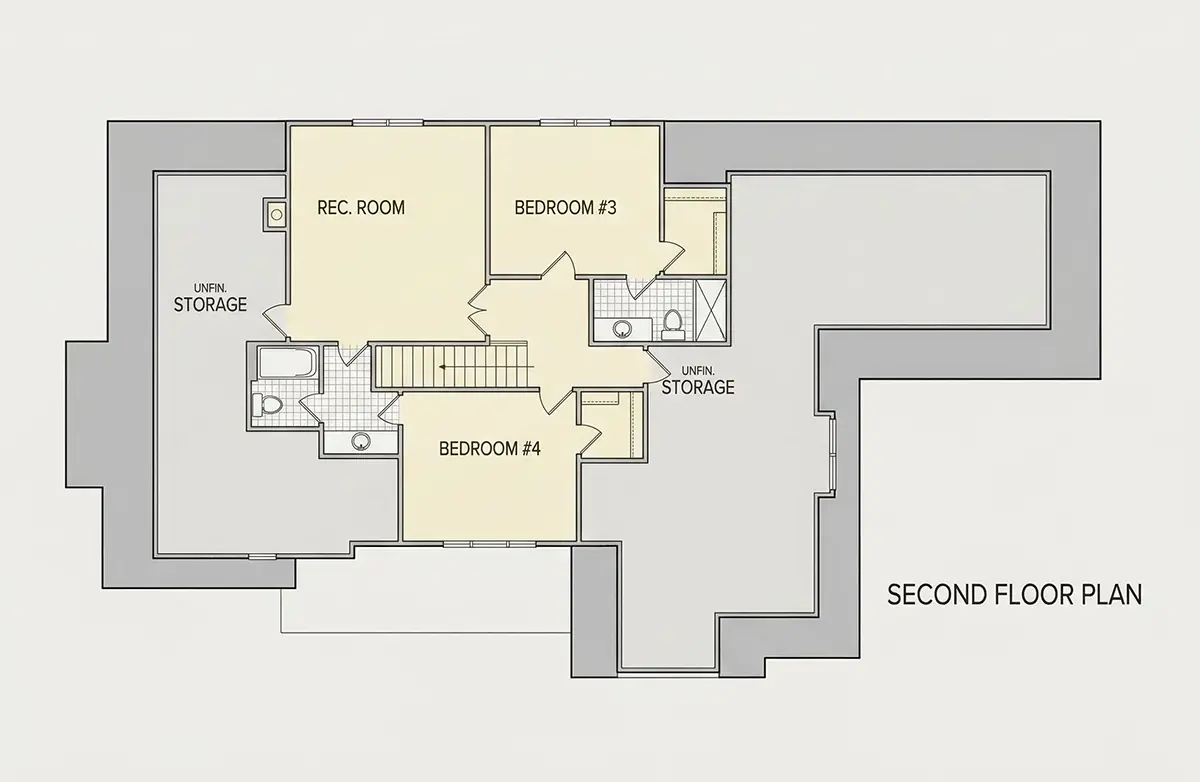 Second Floor 19 – 2-Story House Plan 3103 ft²: 4 Beds, 4.5 Baths, Open Floor Plan, 2-Car Garage — 95174R