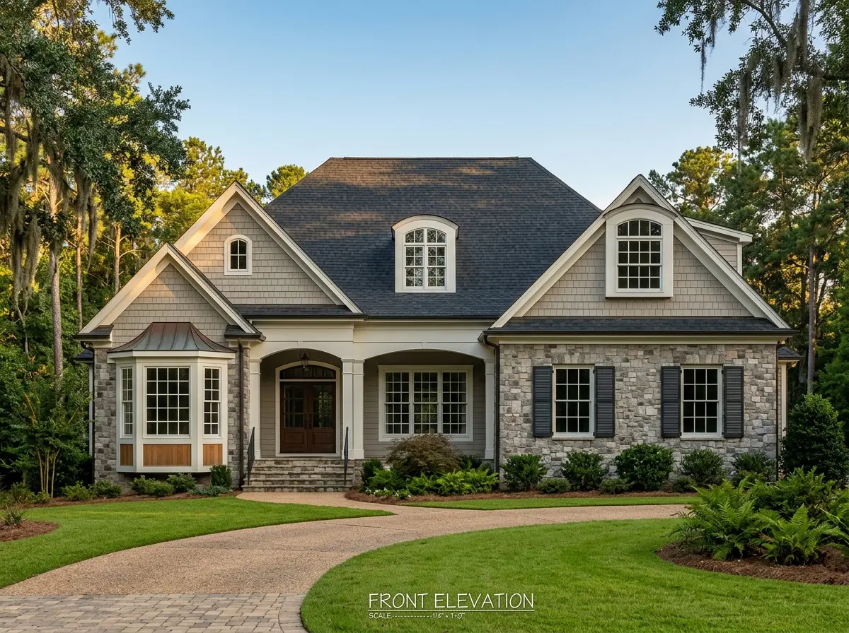 Main Images 5 – 1.5-Story House Plan with Basement 7515 ft²: 6 Beds, 5.5 Baths, Open Floor Plan, 3-Car Garage — 84878R