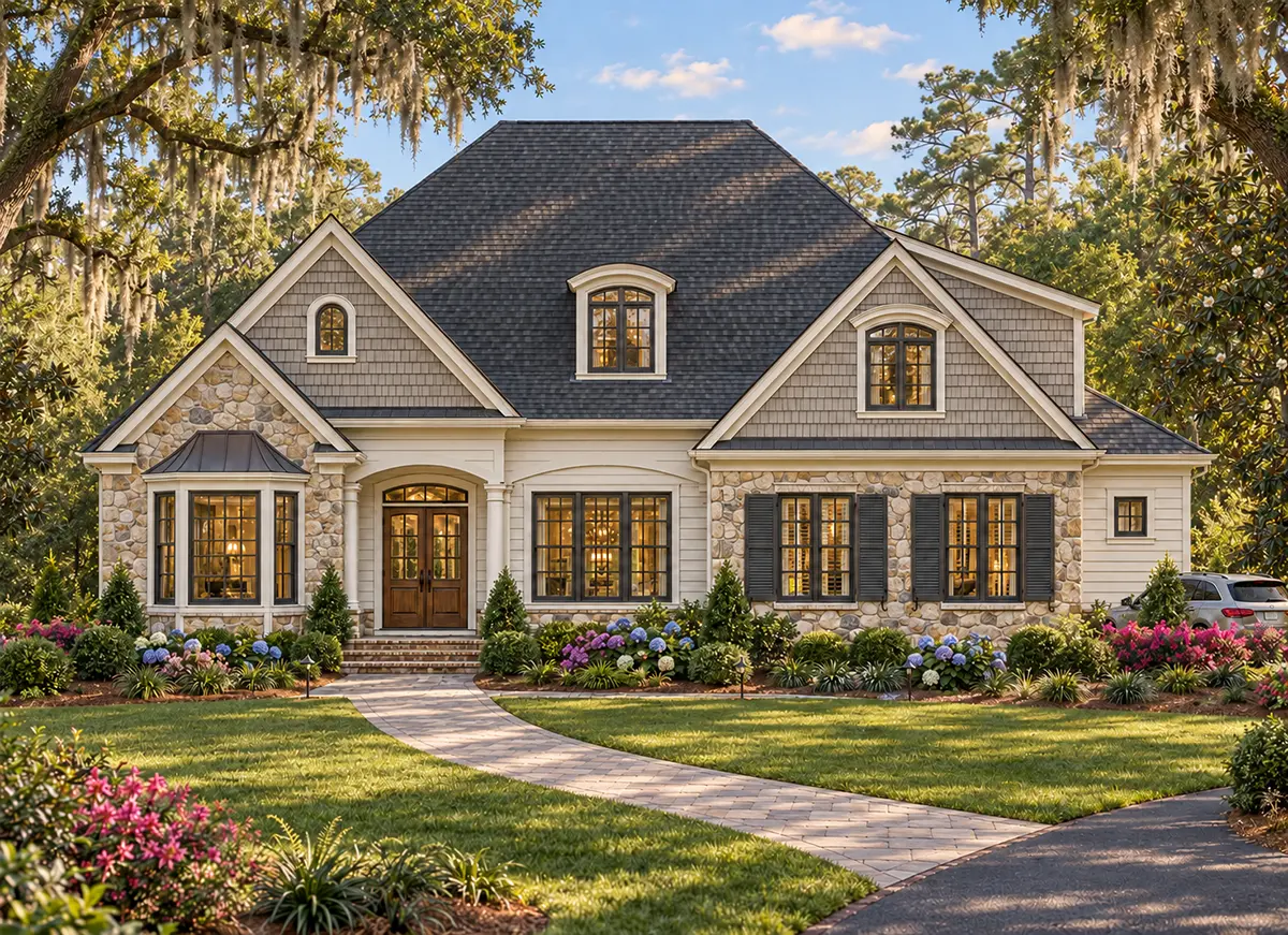 Main Images 2 – 1.5-Story House Plan with Basement 7515 ft²: 6 Beds, 5.5 Baths, Open Floor Plan, 3-Car Garage — 84878R