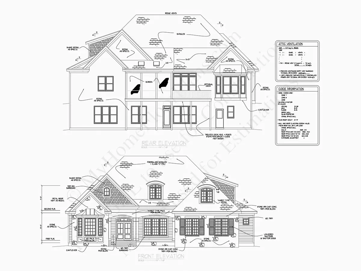 Exterior Elevations 6 – 1.5-Story House Plan with Basement 7515 ft²: 6 Beds, 5.5 Baths, Open Floor Plan, 3-Car Garage — 84878R