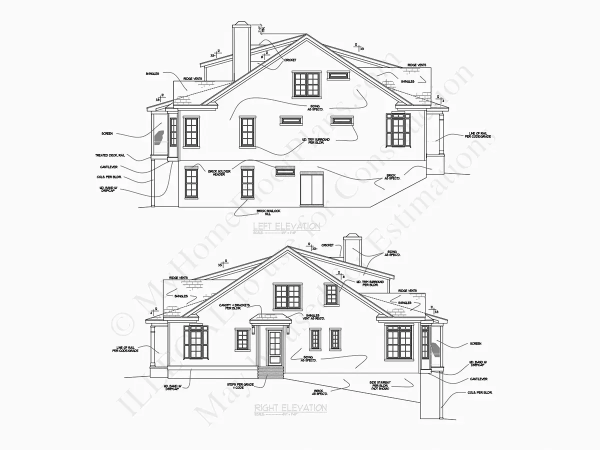 Exterior Elevations 16 – 1.5-Story House Plan with Basement 4539 ft²: 4 Beds, Home Office, 5.5 Baths, Open Floor Plan, without Garage — 24814R