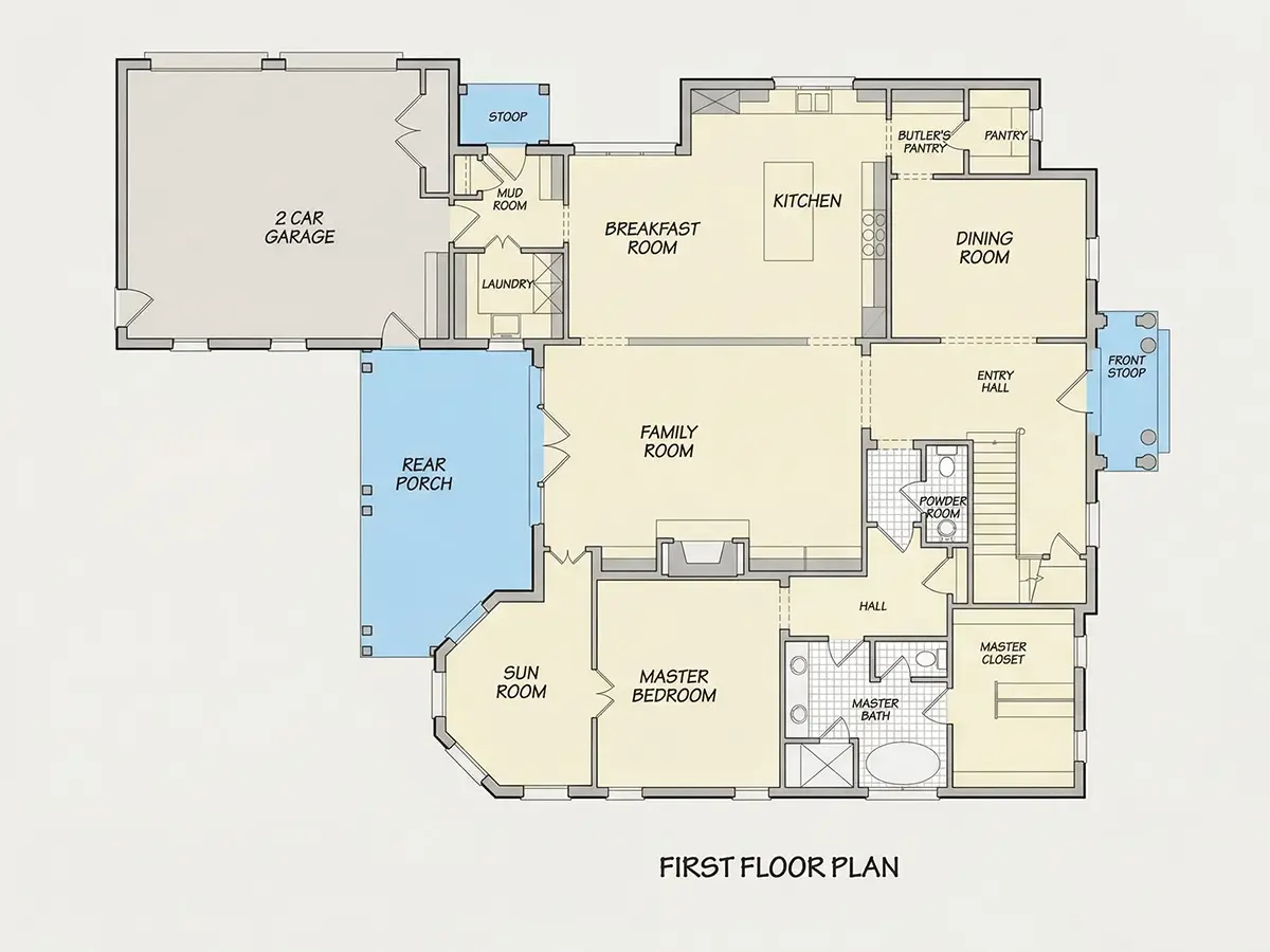 Main Floor 12 – 2-Story House Plan 4563 ft²: 4 Beds, 3.5 Baths, Open Floor Plan, 2-Car Garage — 67106R