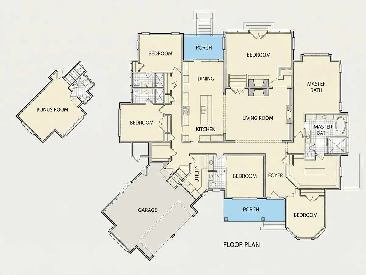 Main Floor 9 – 1-Story House Plan 4304 ft²: 4 Beds, Home Office, 4 Baths, Open Floor Plan, 2-Car Garage — 98458R