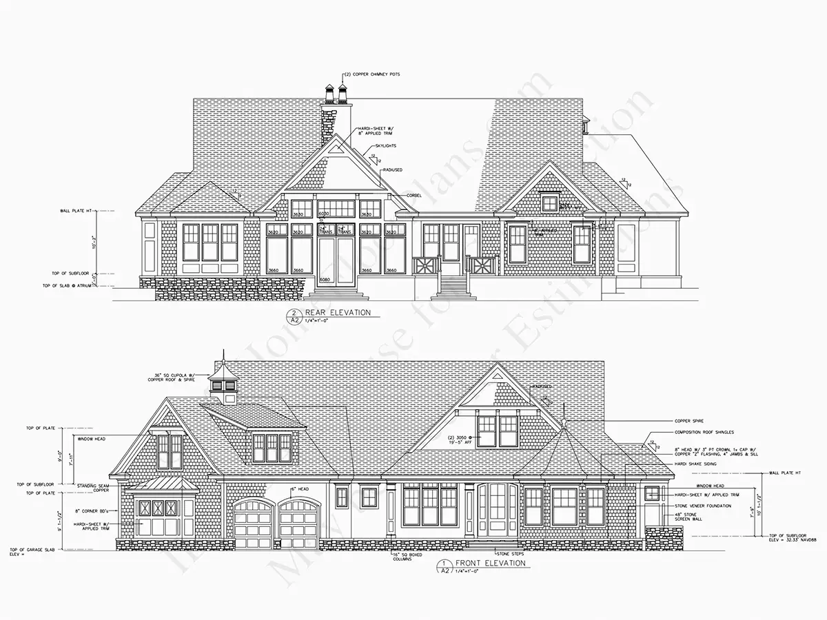 Exterior Elevations 7 – 1-Story House Plan 4304 ft²: 4 Beds, Home Office, 4 Baths, Open Floor Plan, 2-Car Garage — 98458R