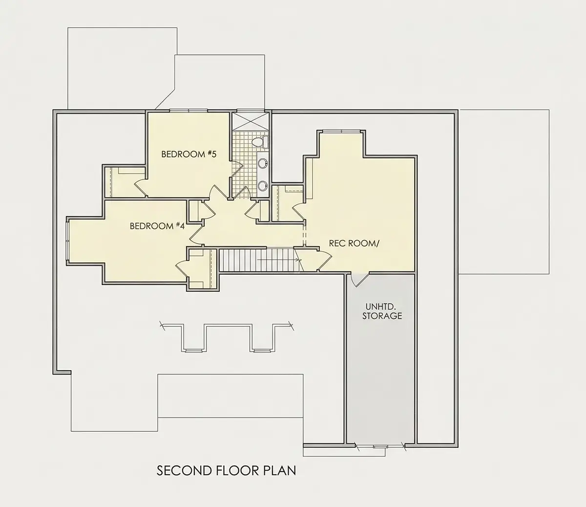 Second Floor 23 – 1.5-Story House Plan 3030 ft²: 4 Beds, 3.5 Baths, Open Floor Plan, 3-Car Garage — 59002R