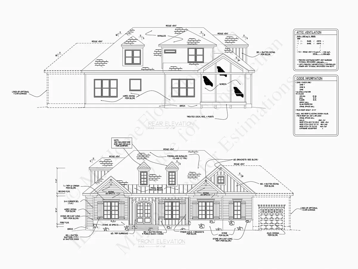 Exterior Elevations 20 – 1.5-Story House Plan 3030 ft²: 4 Beds, 3.5 Baths, Open Floor Plan, 3-Car Garage — 59002R